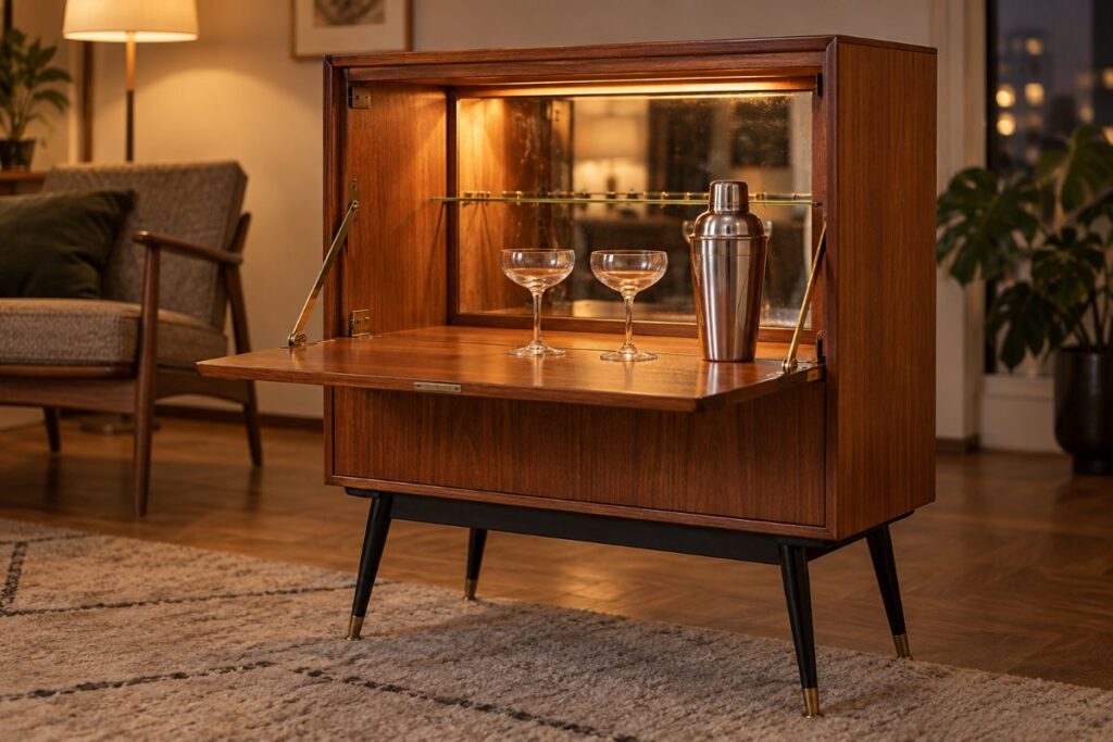 1950s retro drinks cabinet with the front folded down as a mixing surface, teak and black lacquer