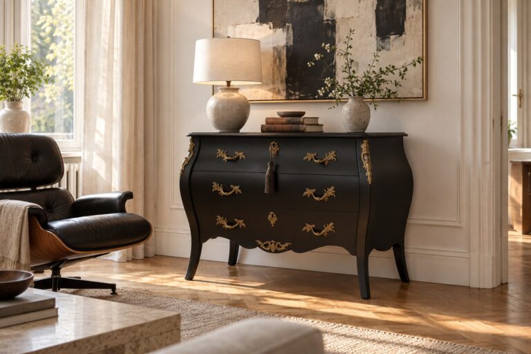 Vintage-Kommode im Rokokostil in Off-Black neben Mid-Century-Sessel