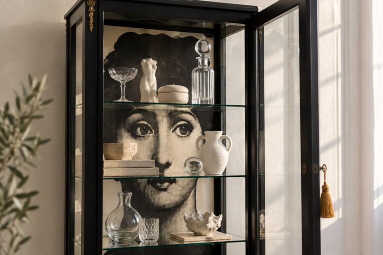 Vitrine dekorieren – restauriertes Möbelstück im Wohnraum