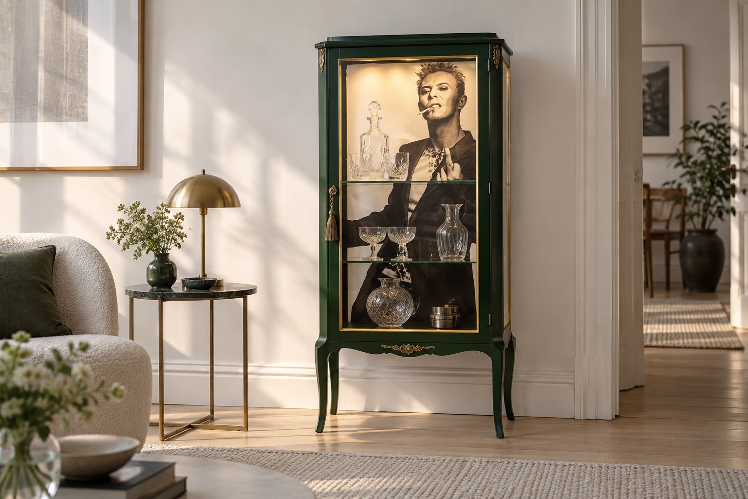 Vitrine weiß, grün, grau oder beige – restauriertes Möbelstück im Wohnraum